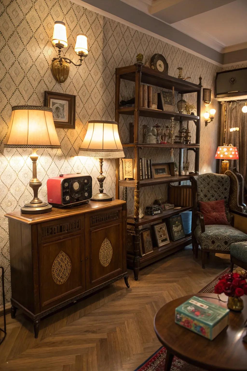 A vintage-styled corner with retro decor elements.