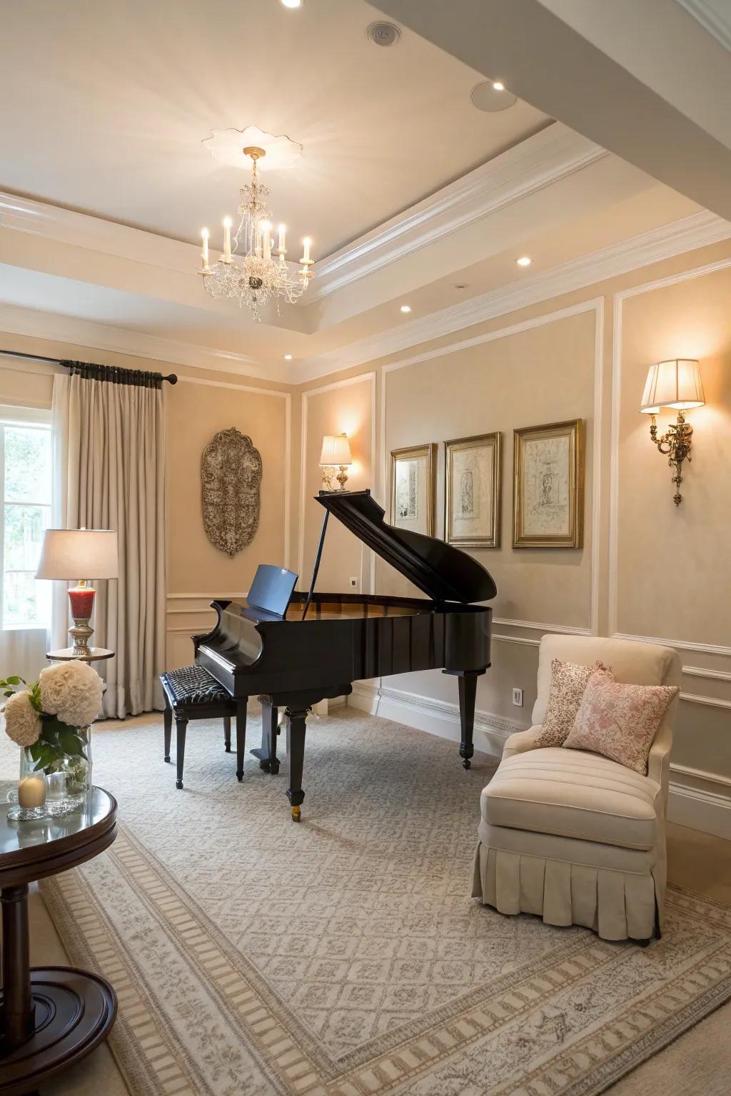 A subdued palette cultivates a calm and inviting atmosphere in the piano space.