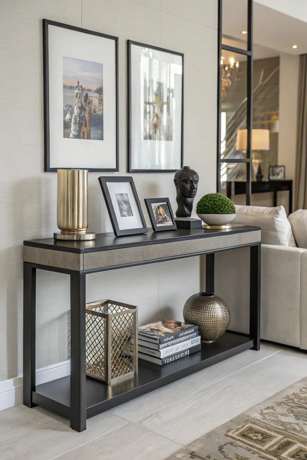 An artful picture arrangement displayed above a console table.