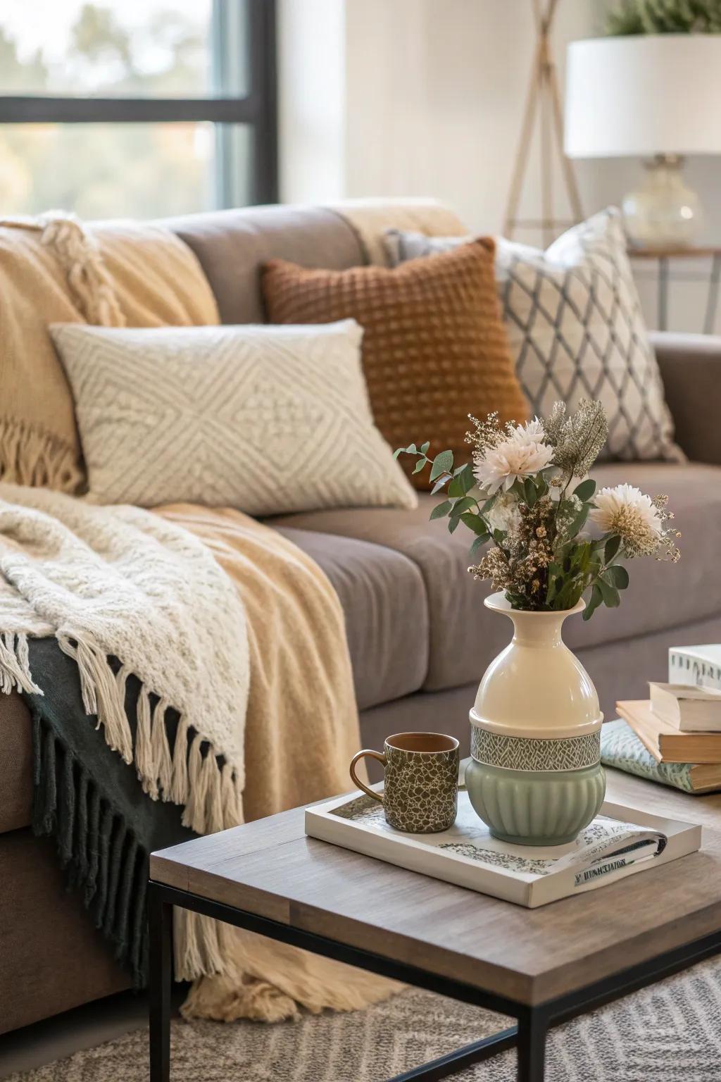 Arranged wraps on a sofa, displaying a mix of textures and hues.