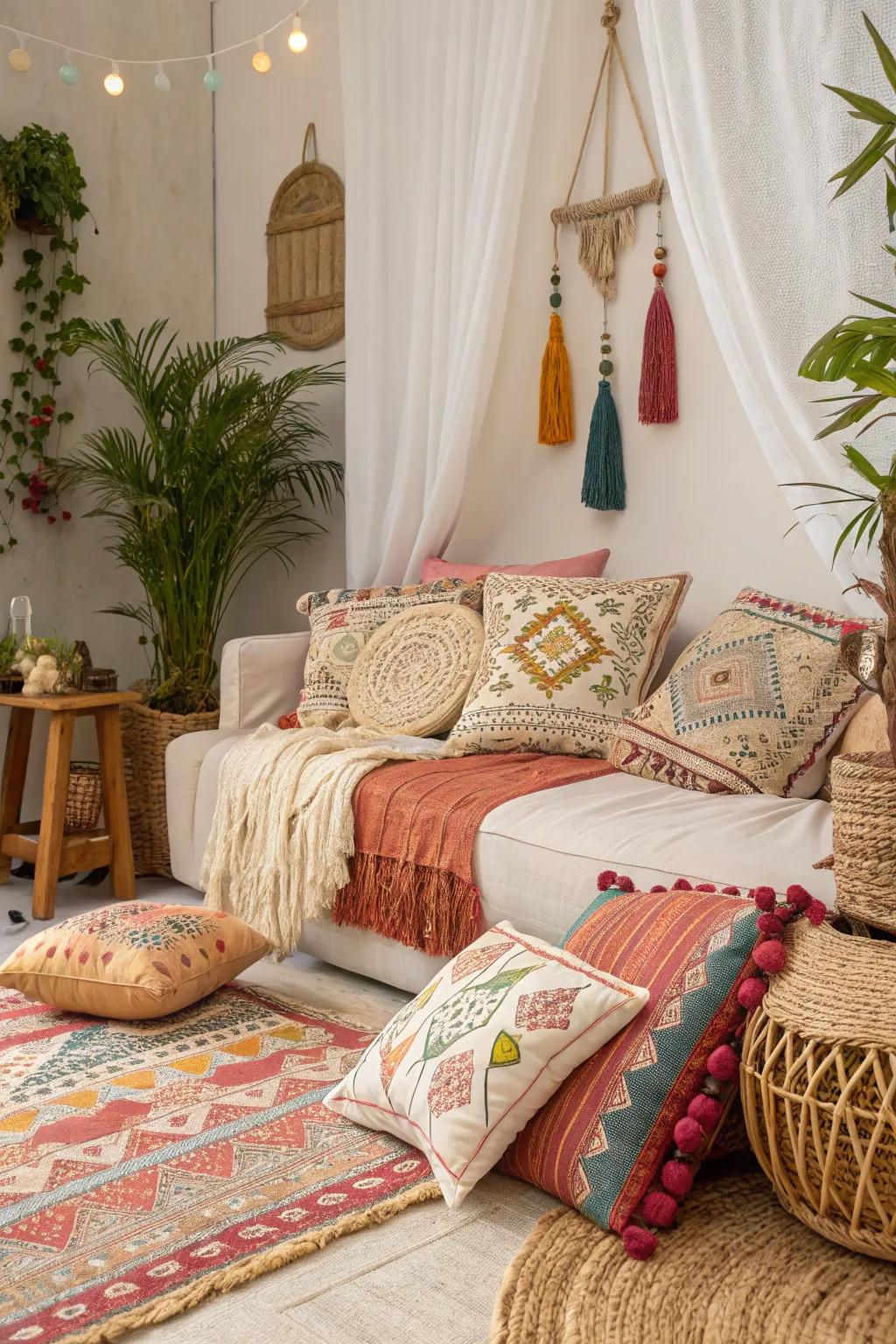 Bohemian cushions adding a quirky touch to the styling.
