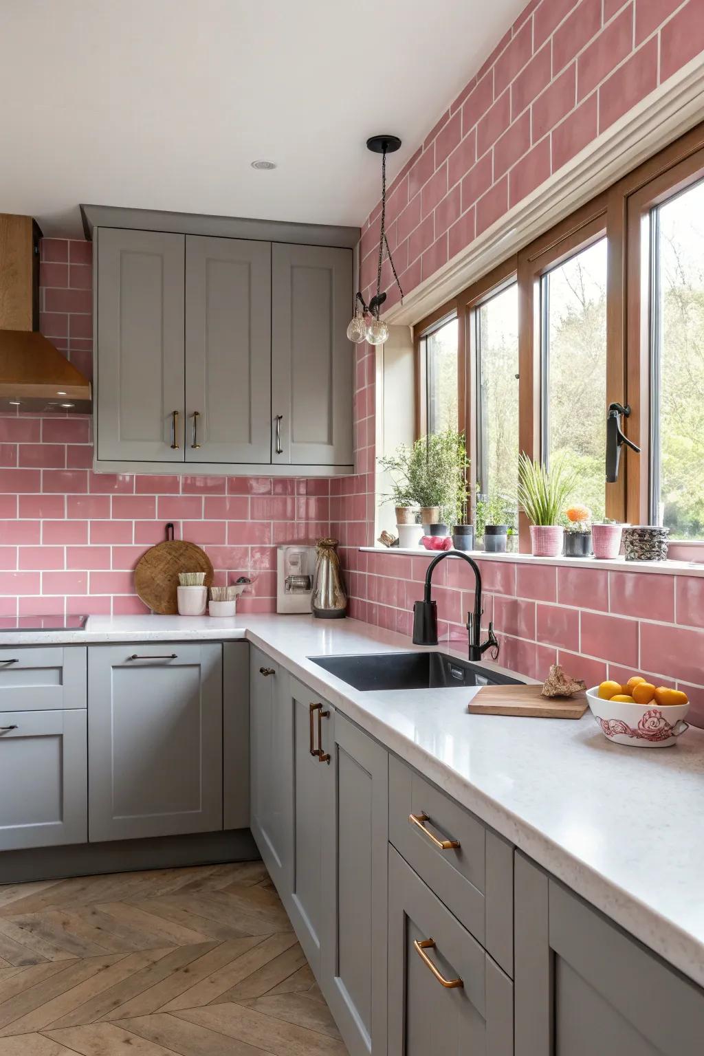 A dynamic rose-tinted tiled backsplash in a grey kitchen.