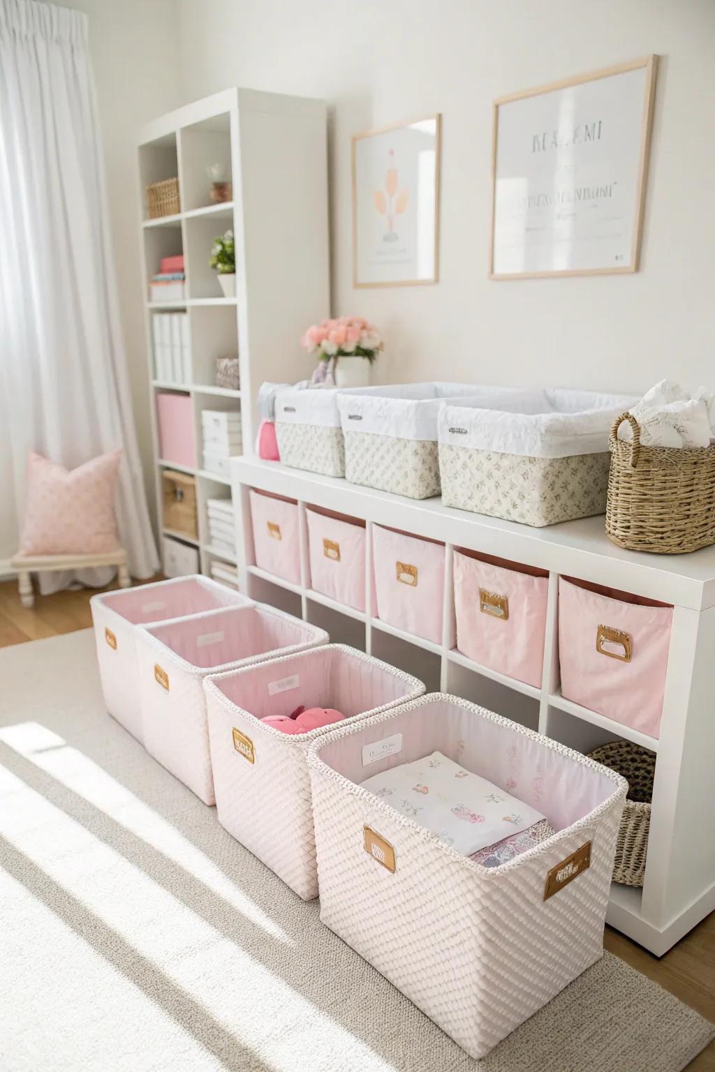 Chic storage solutions keep the nursery organized and stylish.