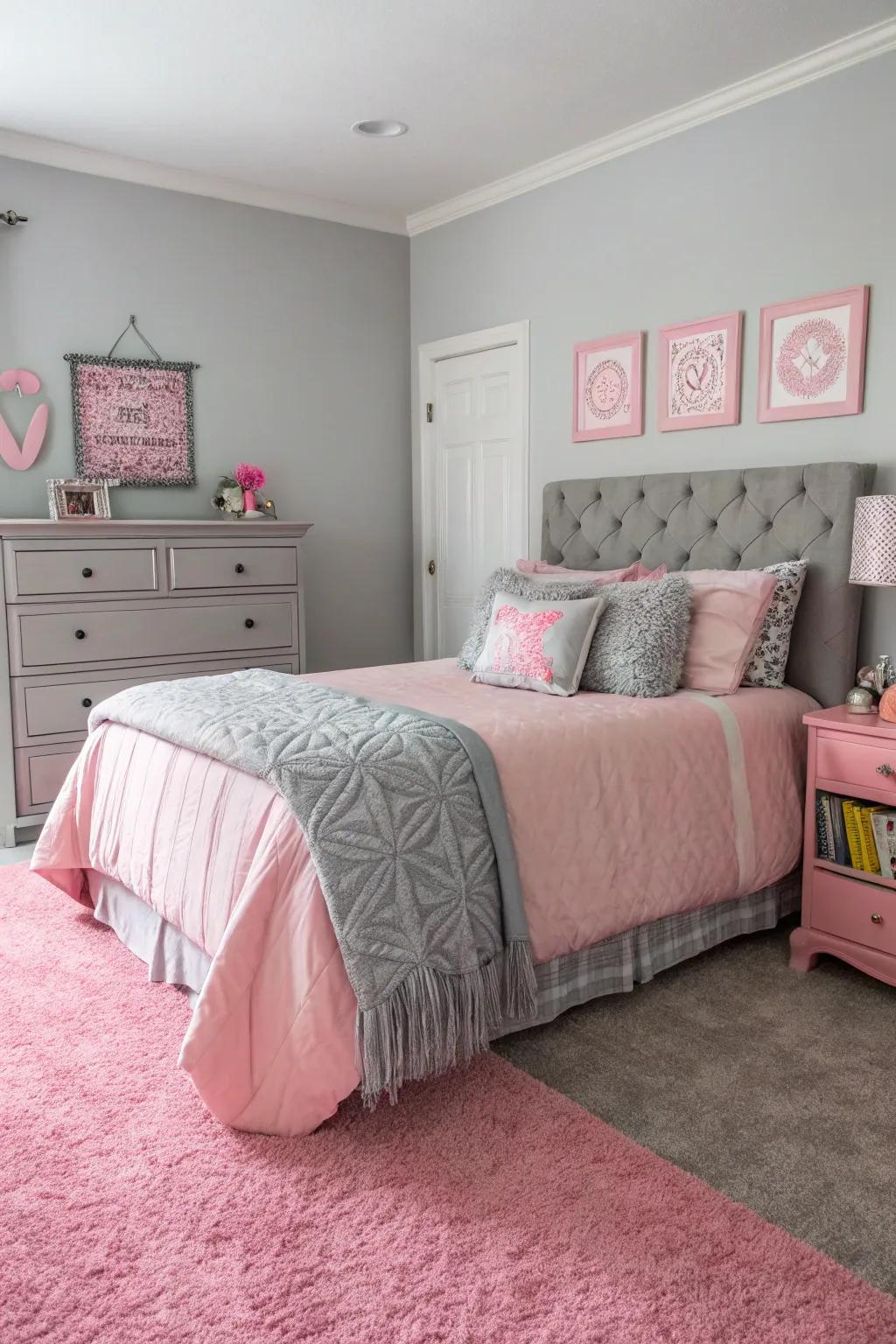 A harmonious rose and gray color palette creates a modern bedroom sanctuary.