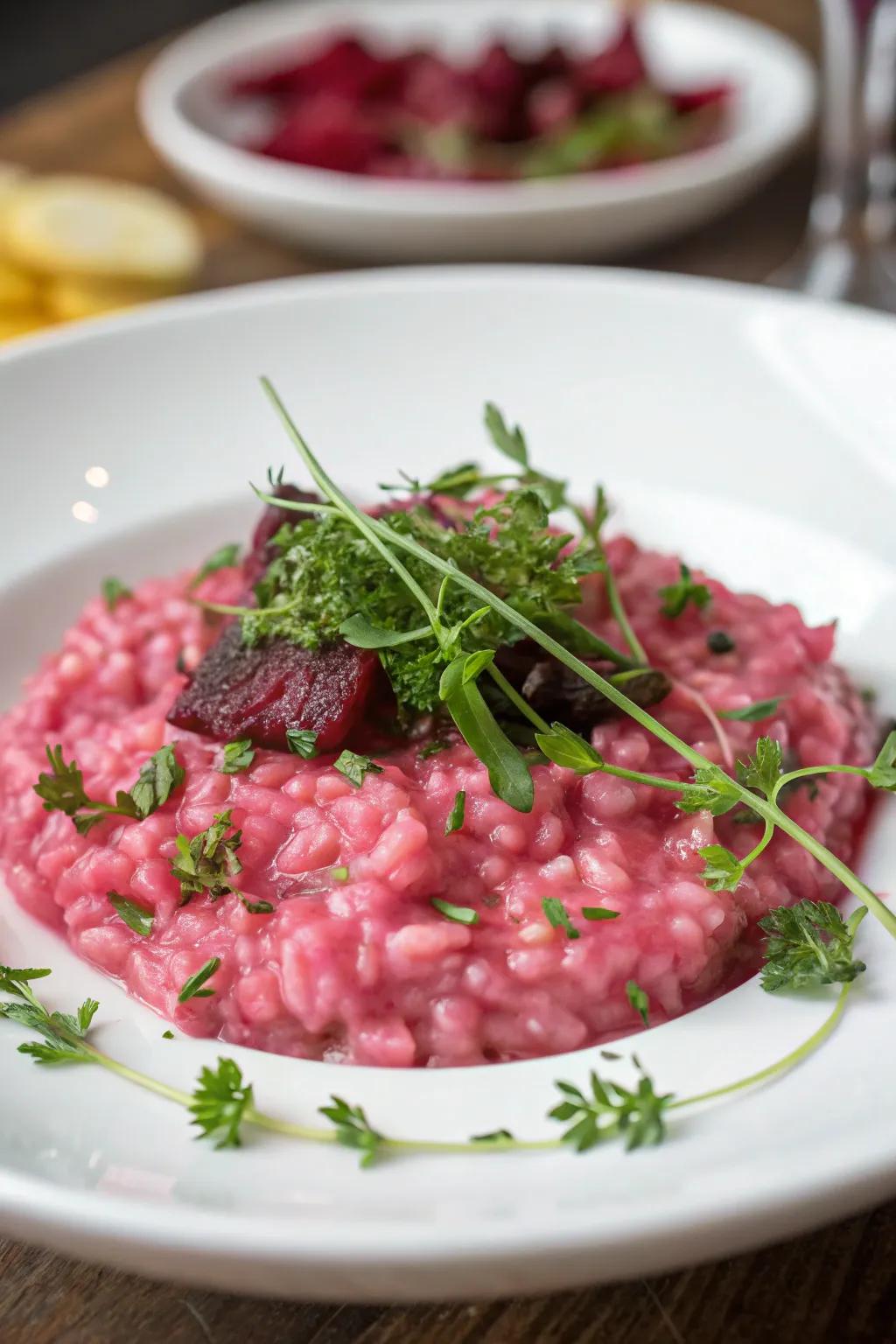 Pink risotto is a creamy and colorful addition to any meal.