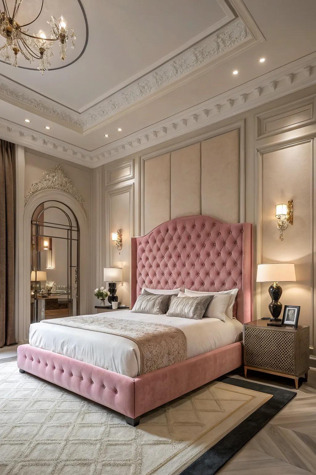 A grand and opulent bedroom featuring an outsized rose-tinted bed feature.