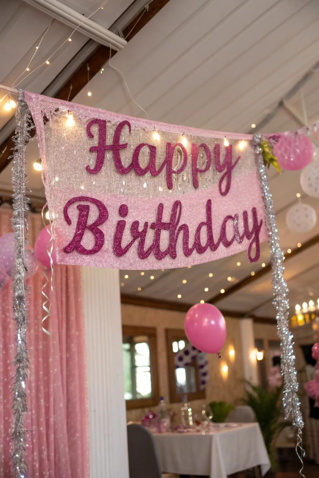 Custom rosy banners introduce a personal touch to the celebration.