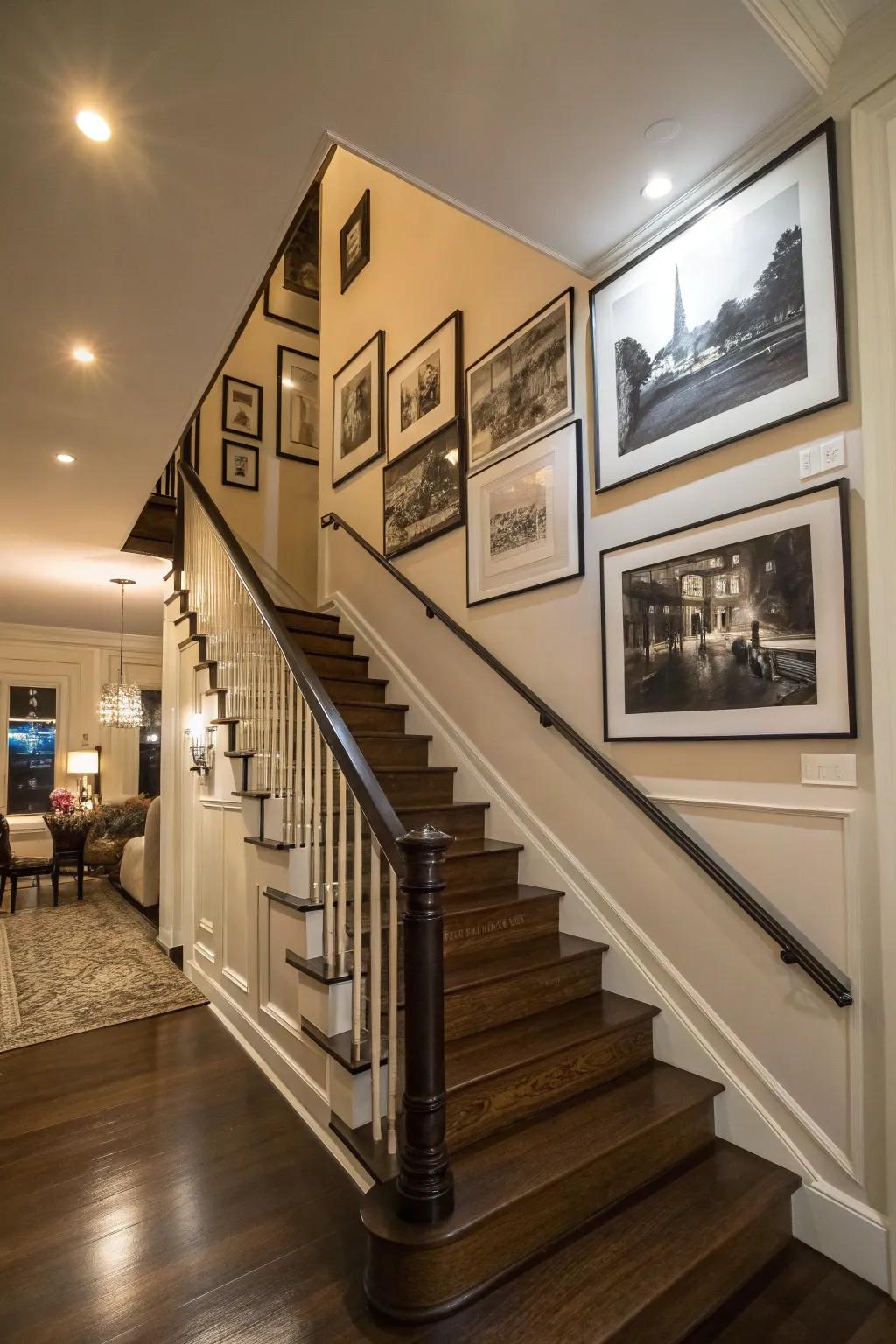 A monochrome photo print adding elegance to a stairway wall.