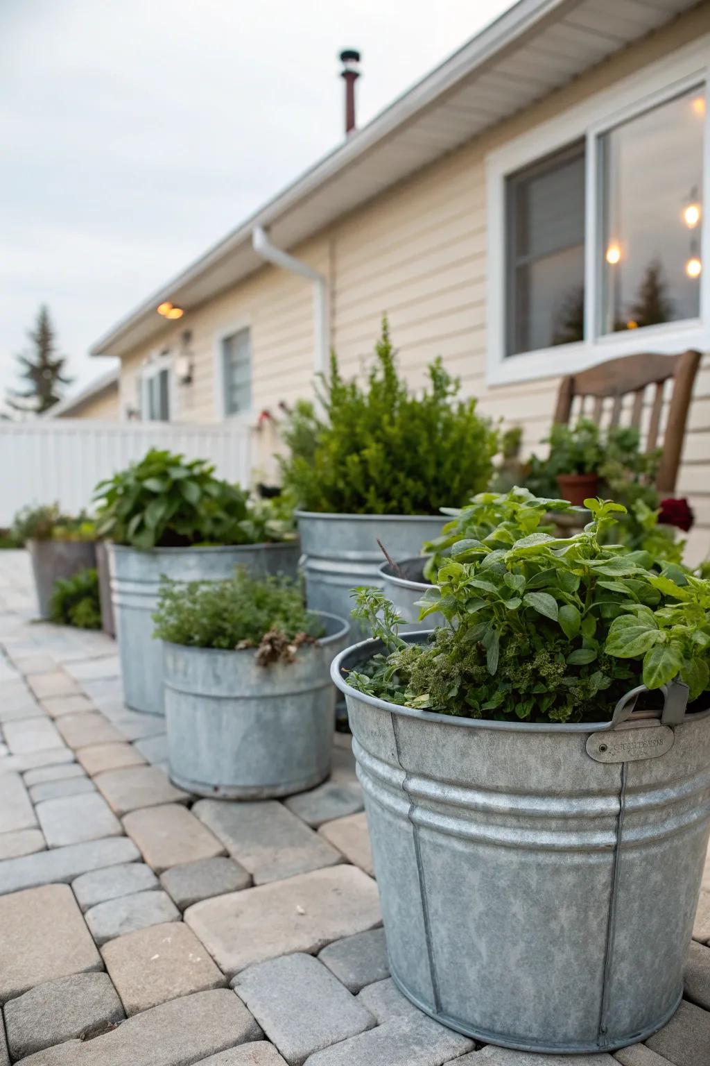 Achieve industrial chic with steel pail planters.