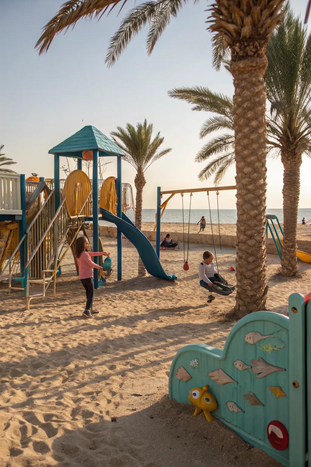 Beach sand transforms playgrounds into shoreline-esque getaways.