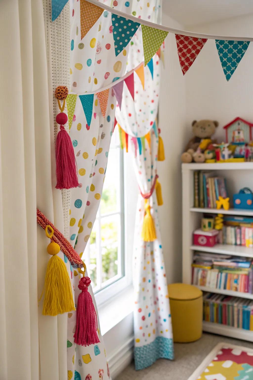 Decorative bunting adds charm to playroom curtains.