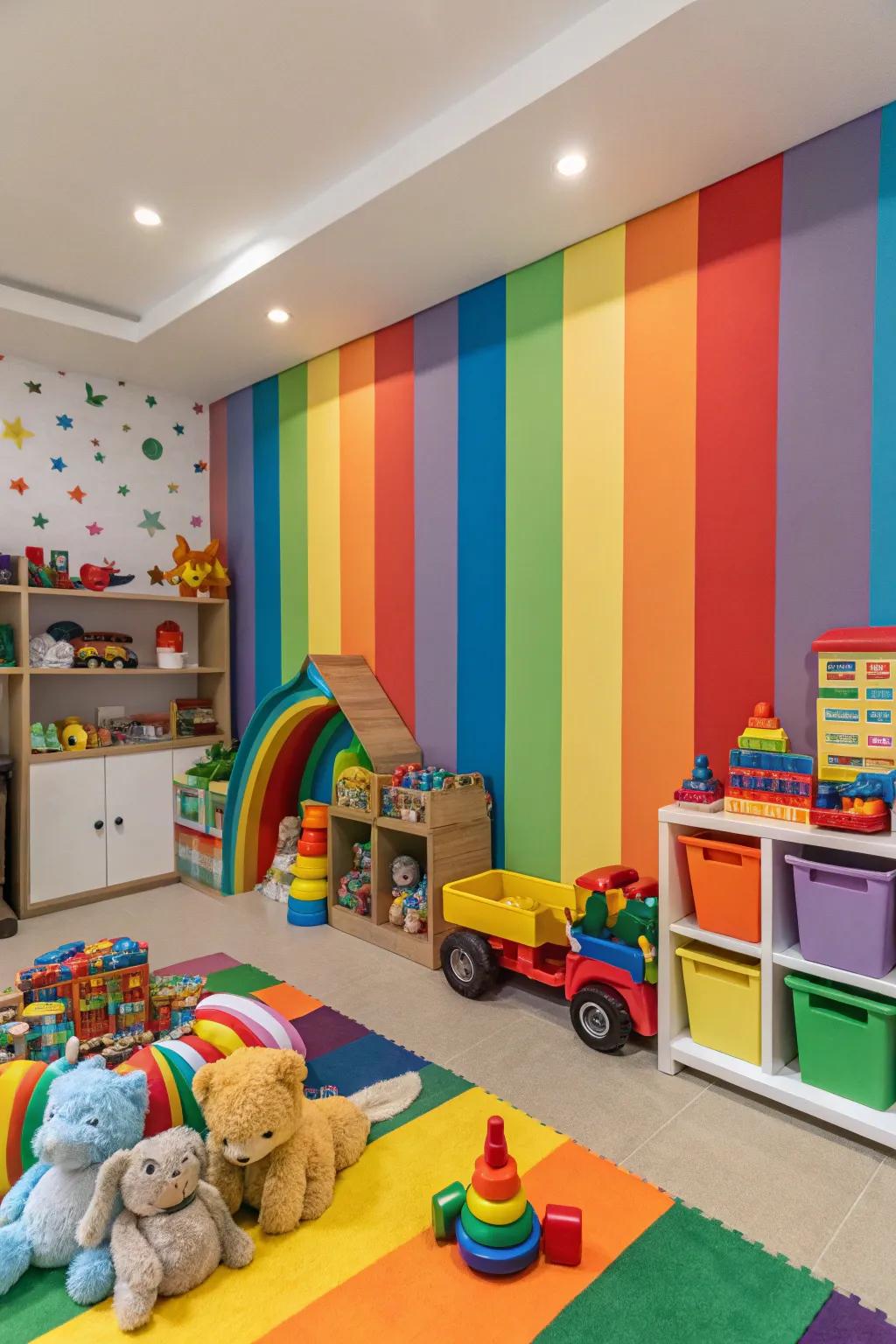 Rainbow stripes infuse the playroom with joy and vibrancy.