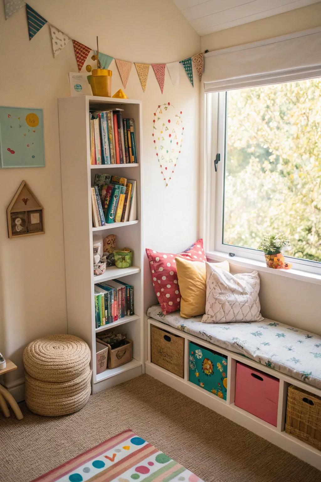 A comfortable reading nook with a modest bookshelf and cushions, ideal for story time.