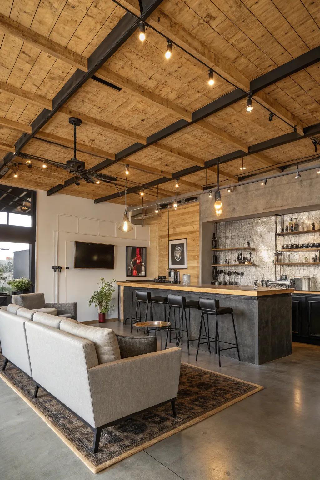 A factory-style look with plywood and exposed support beams adding dimension to the ceiling.