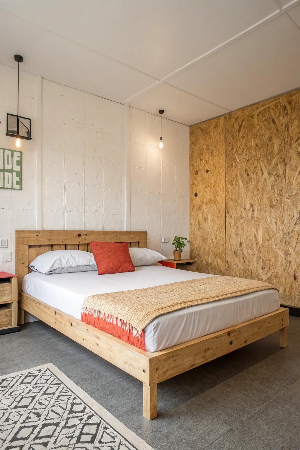 A wood panel bed frame adds elegance to a minimalist bedroom.