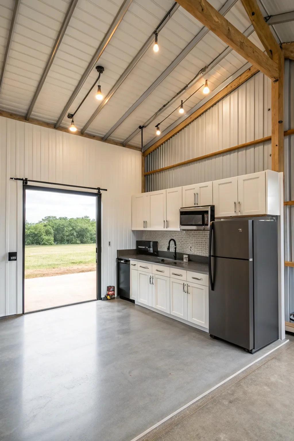 A modern kitchenette in a pole barn with sleek and minimalist design.