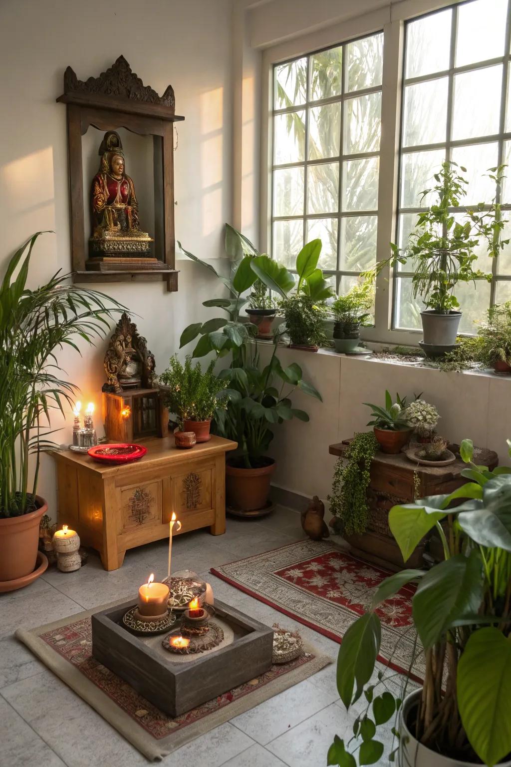 Nature elements like plants bring freshness and peace to this pooja room.
