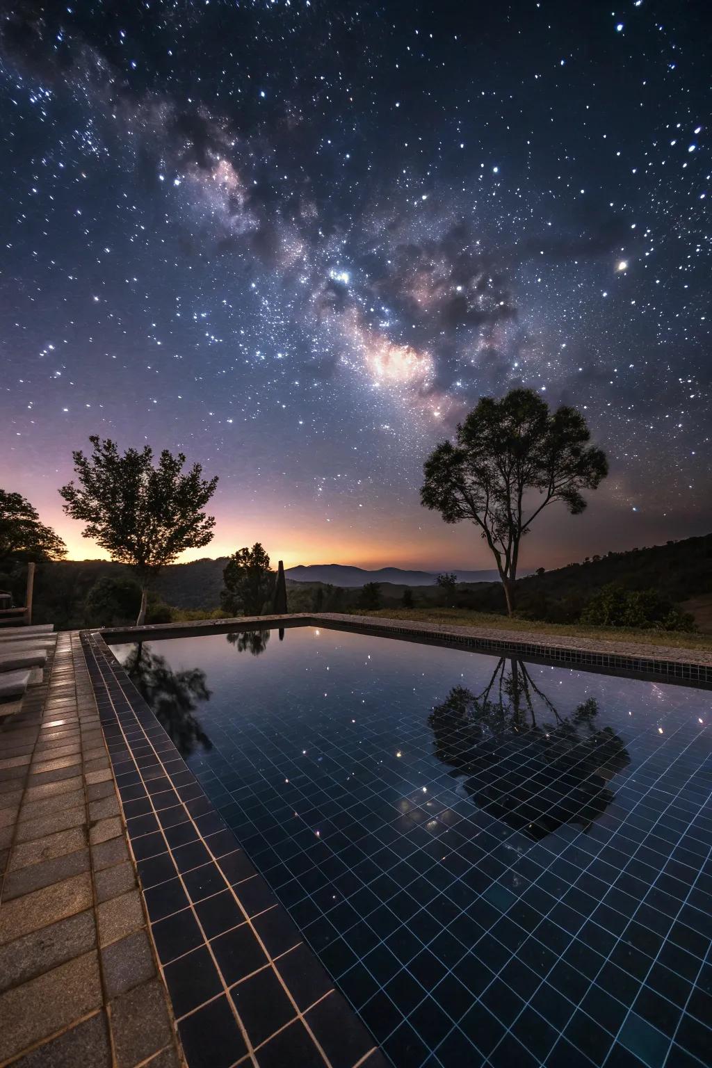 Galaxy graphite tiles add a celestial elegance to your pool.