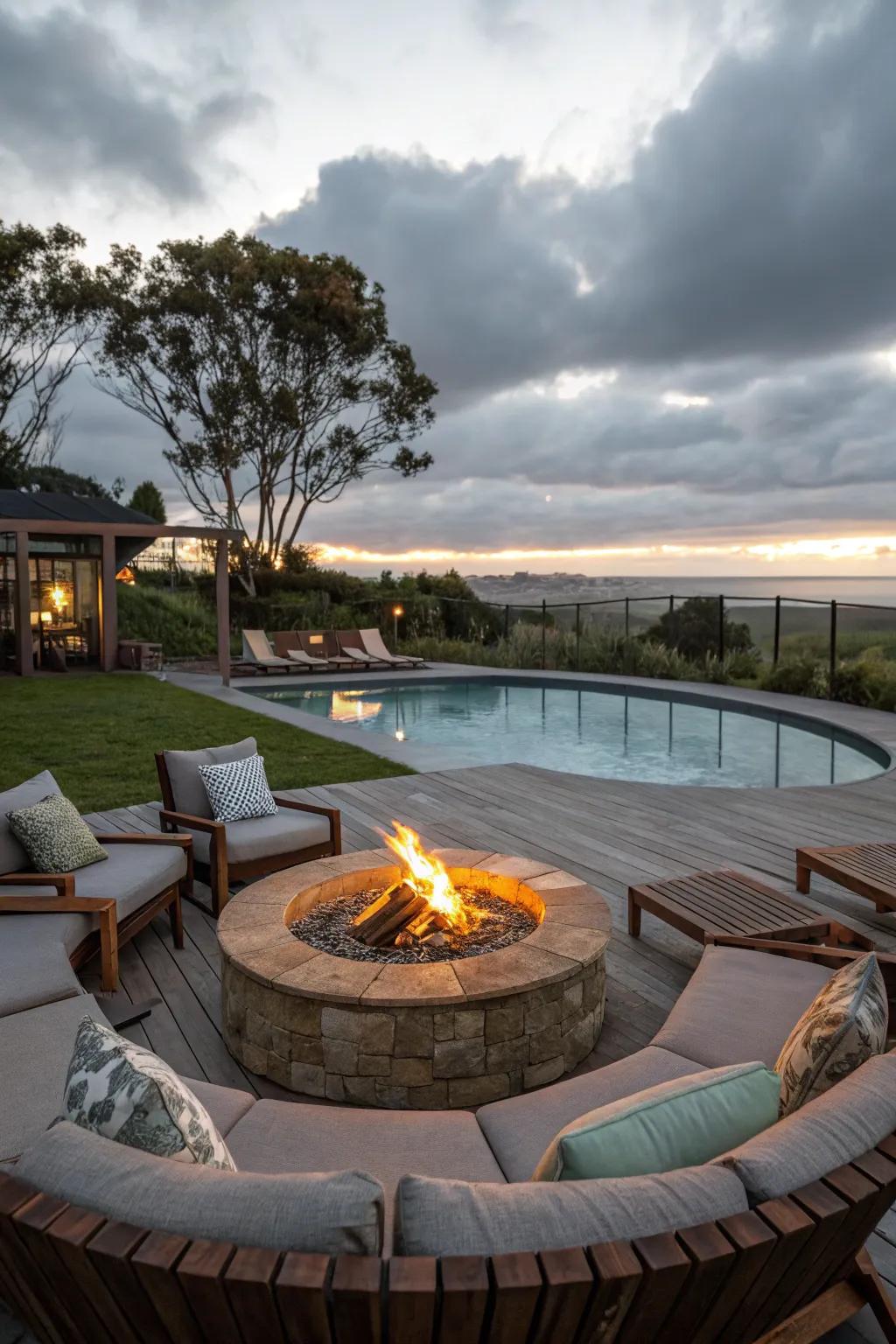 A fire pit adds warmth and invites cozy gatherings by the pool.