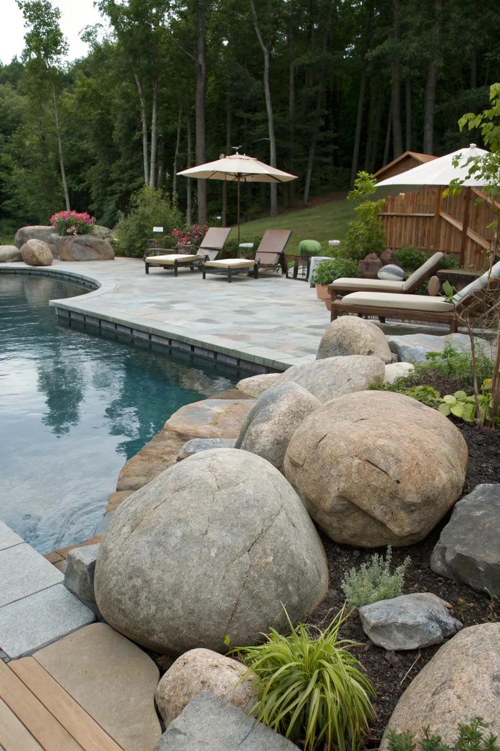 Rocks bring a dramatic and natural element to pool surroundings.