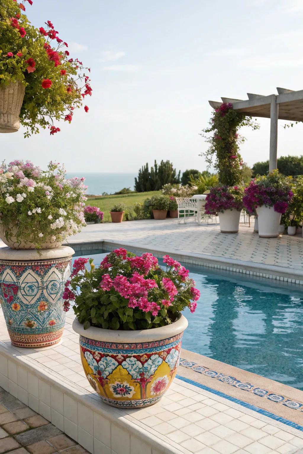 Enhance your pool deck's ambiance with decorative plants and flowers.