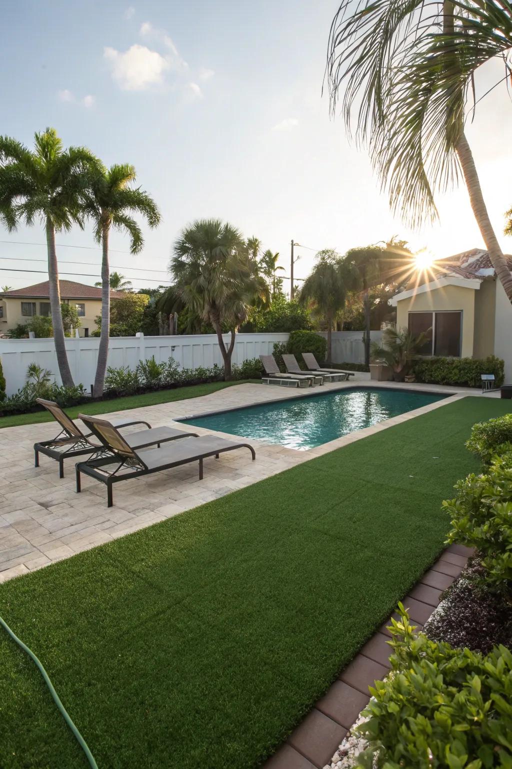 Add low-maintenance green spaces with fake grass around your pool.
