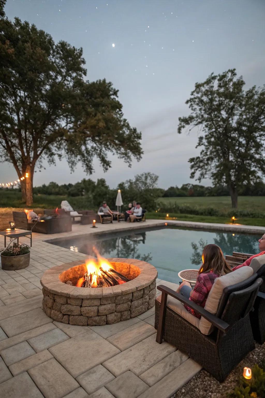 A fire pit by the pool creates a warm gathering spot year-round.