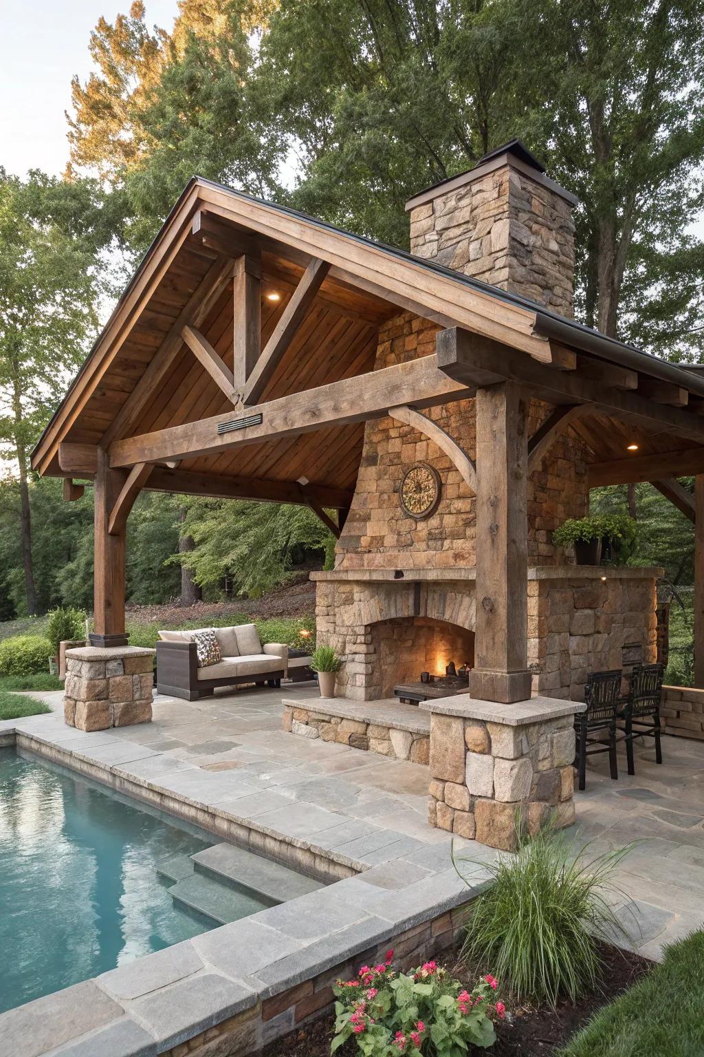 Rustic rock and wood pavilions deliver a cozy, mountain retreat vibe.