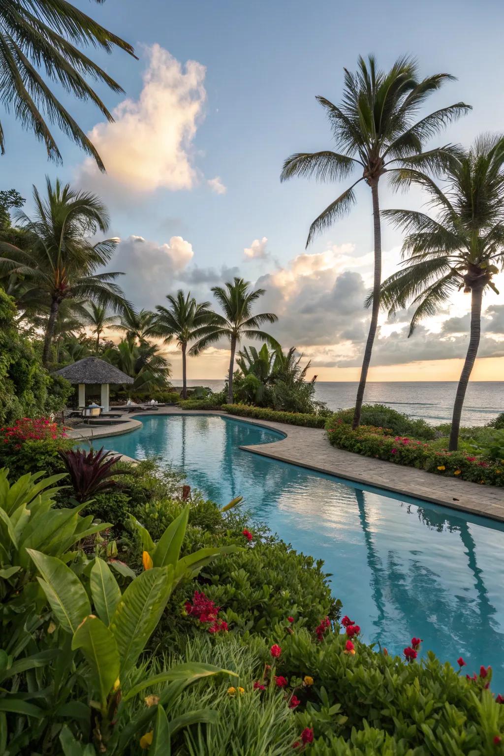 Lush landscaping produces a peaceful and secluded poolside paradise.
