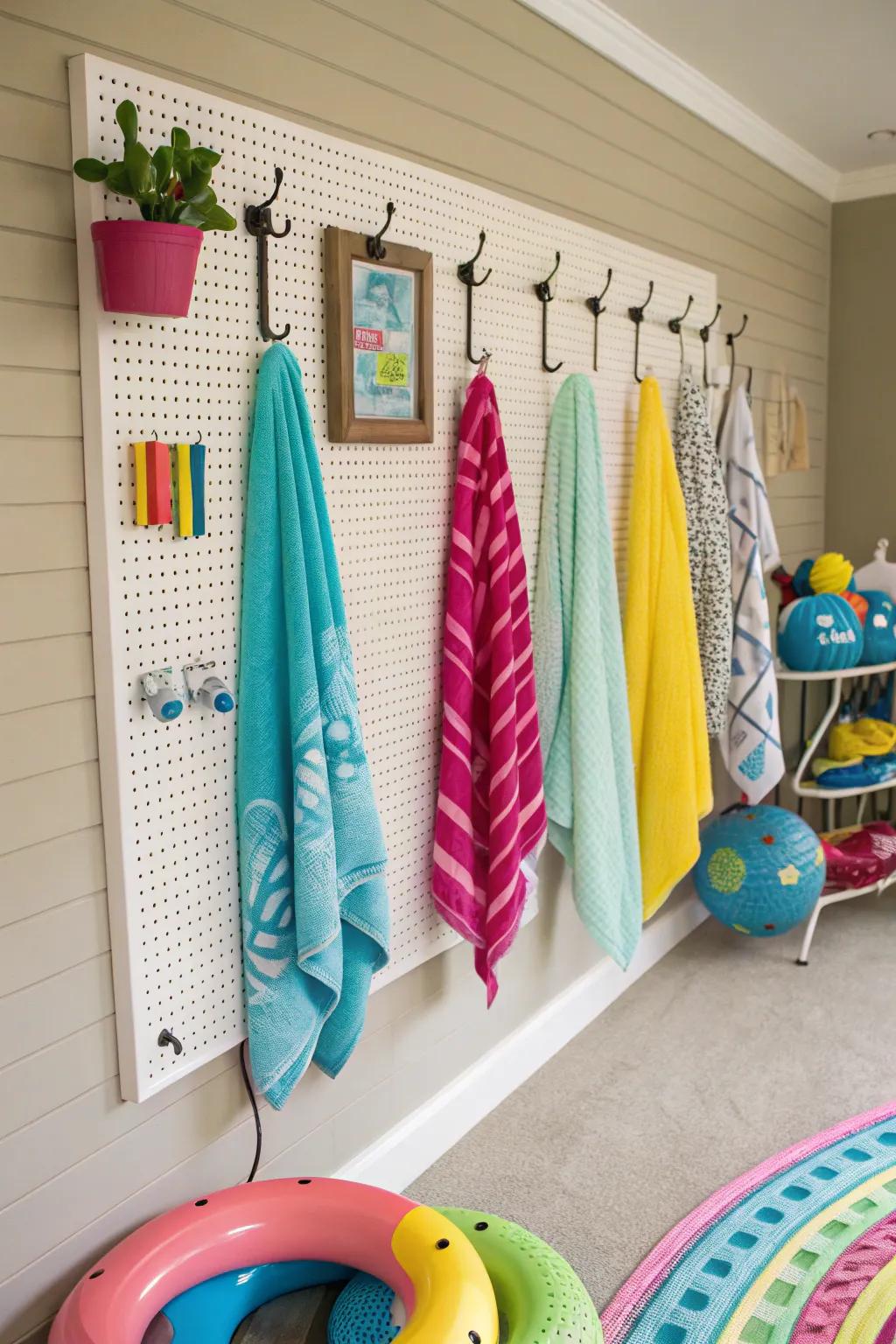 Hooks and pegboards offer a convenient storage solution for towels and goggles.