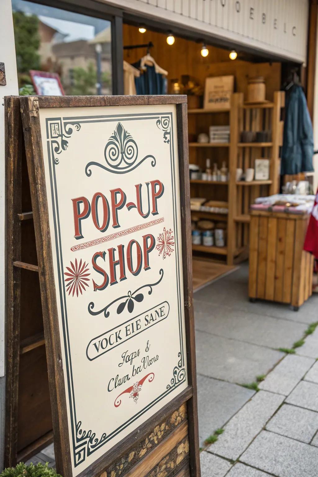 A vintage-style sign that adds charm and nostalgia to the pop-up shop.