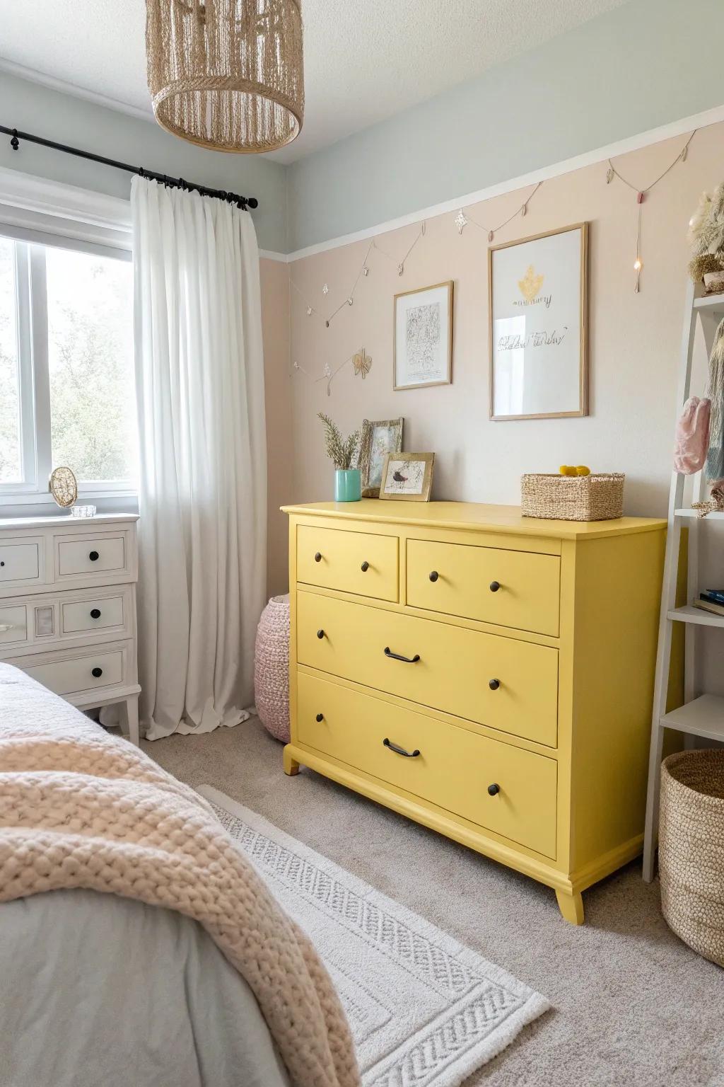 A yellow dresser adds a cheerful, bright touch.