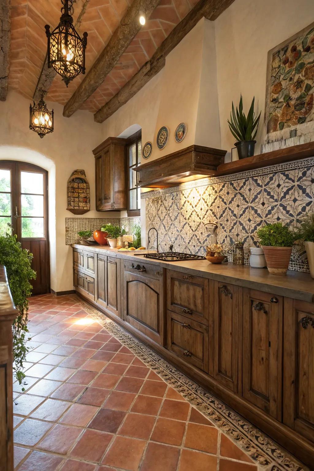 Terracotta tiles imbue cooking areas with warmth and Mediterranean charm.