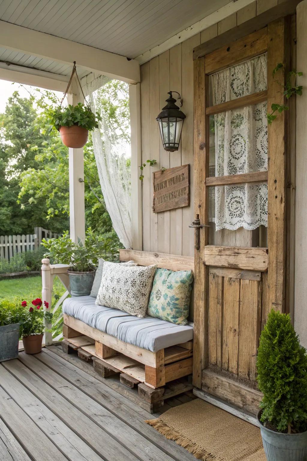 A timber pallet bench brings rustic appeal to a porch.