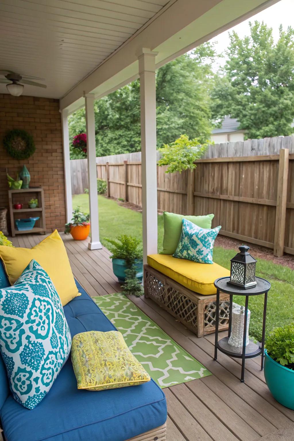 A porch addition with colorful cushions and small side tables.