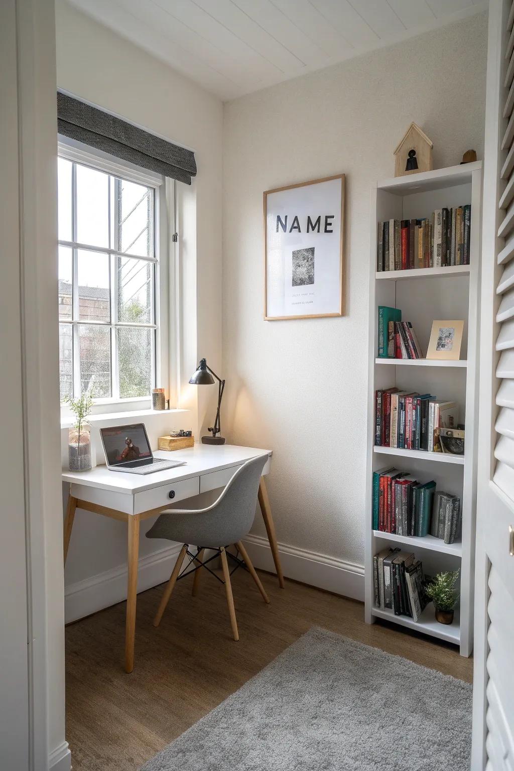 A minimalist name poster elegantly enhancing a compact home office.