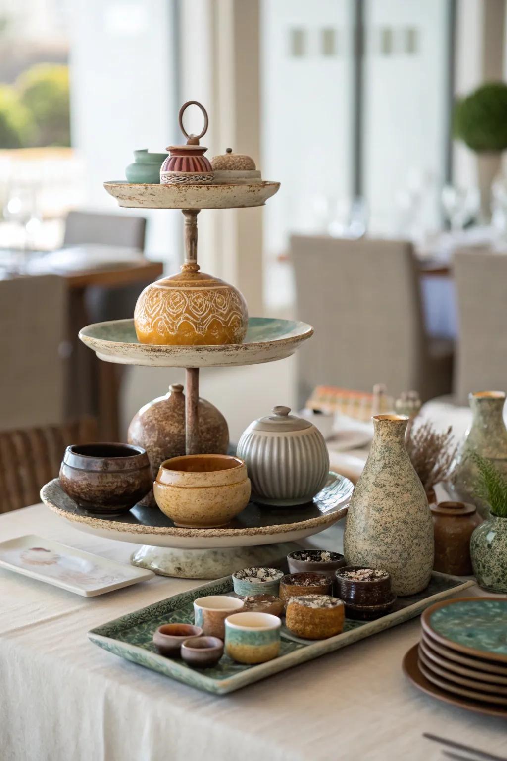 A tiered display of pottery on a dining table.