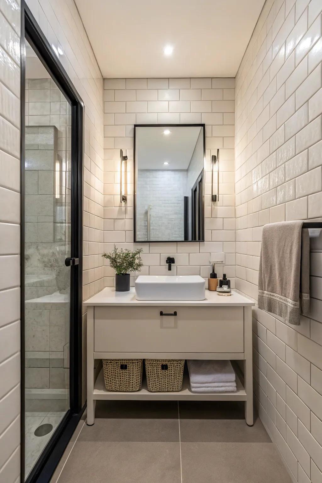 Simple tiles foster a pristine and elegant powder room atmosphere.