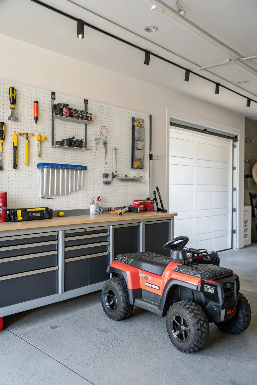 Electric ride-on cars stored below a work surface for efficient use of space.