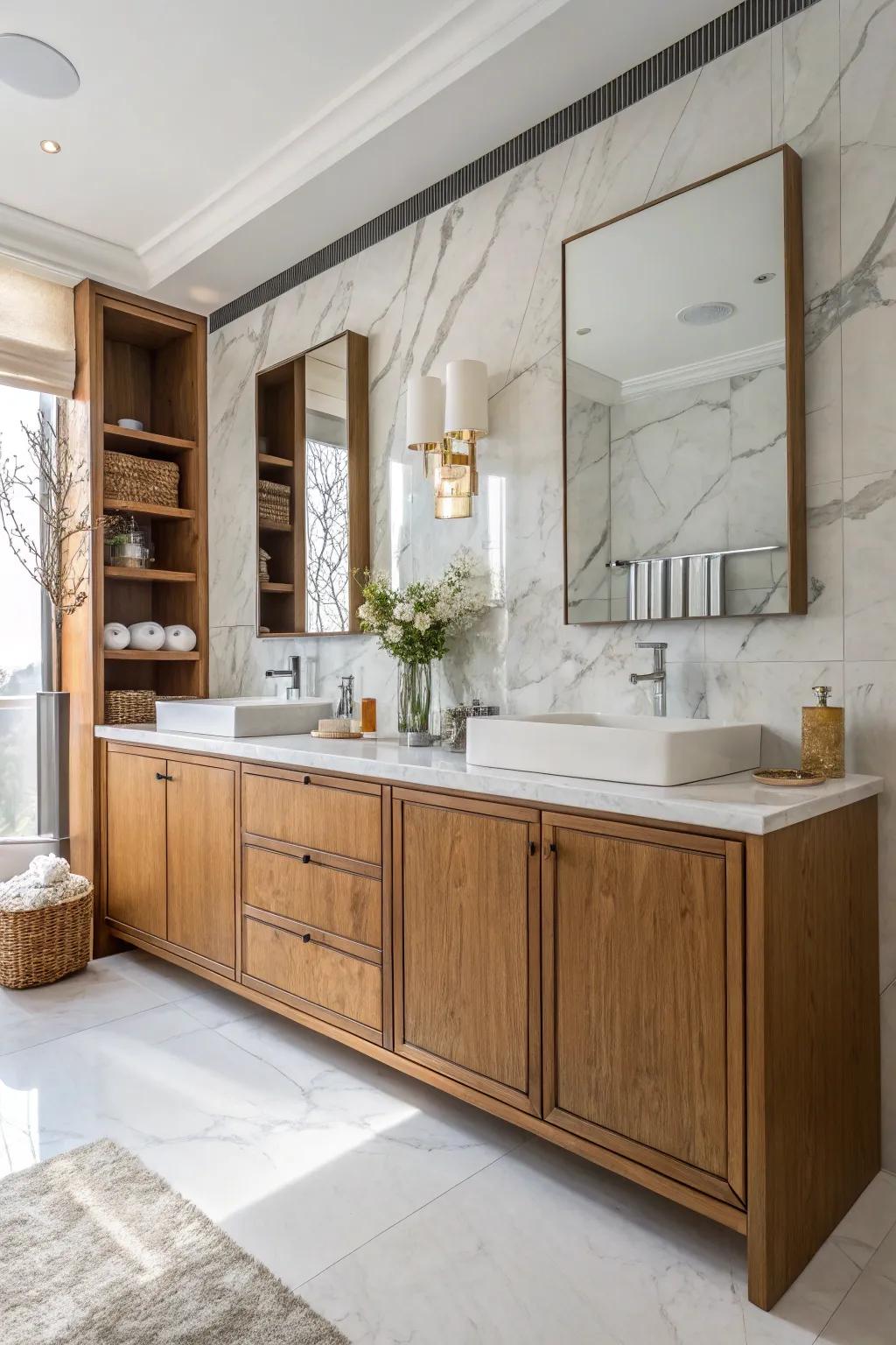 Wooden touches add warmth and texture to your bathroom.