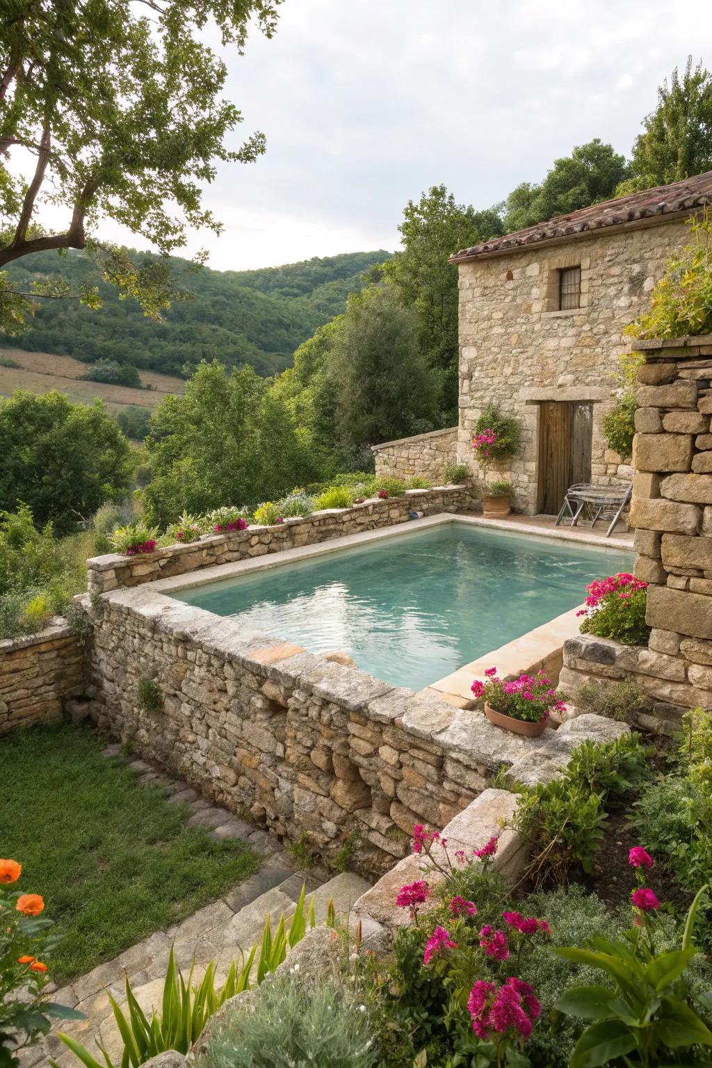 Country stone facades introduce durability and grace to pool privacy.