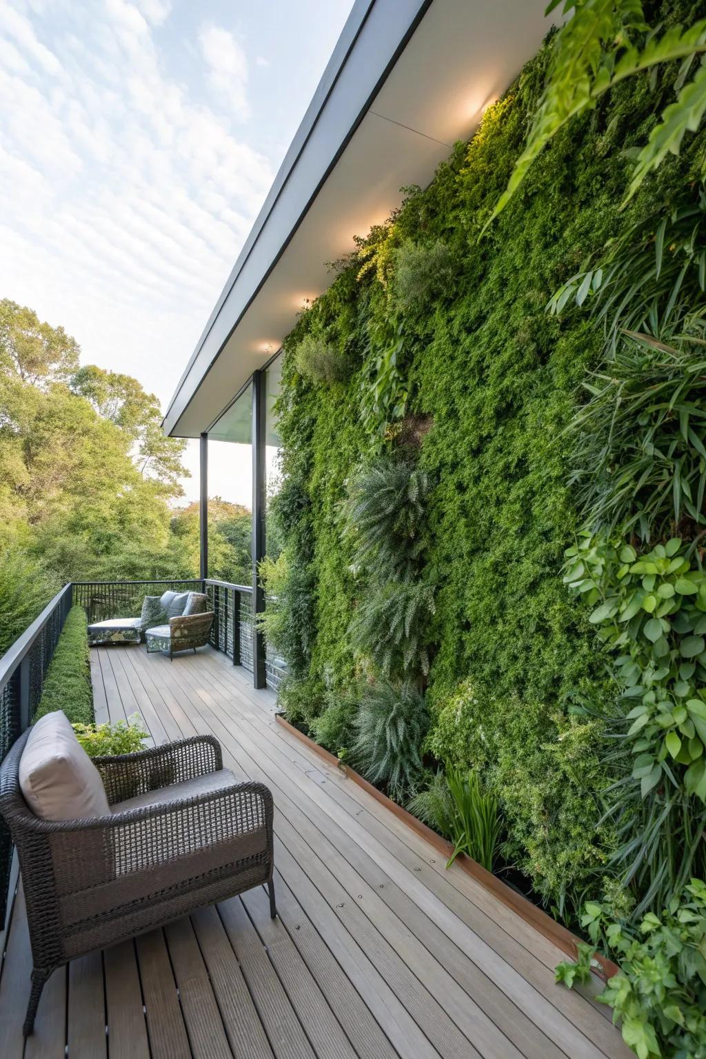 A verdant skyward garden wall enhances seclusion and greenery on a deck.