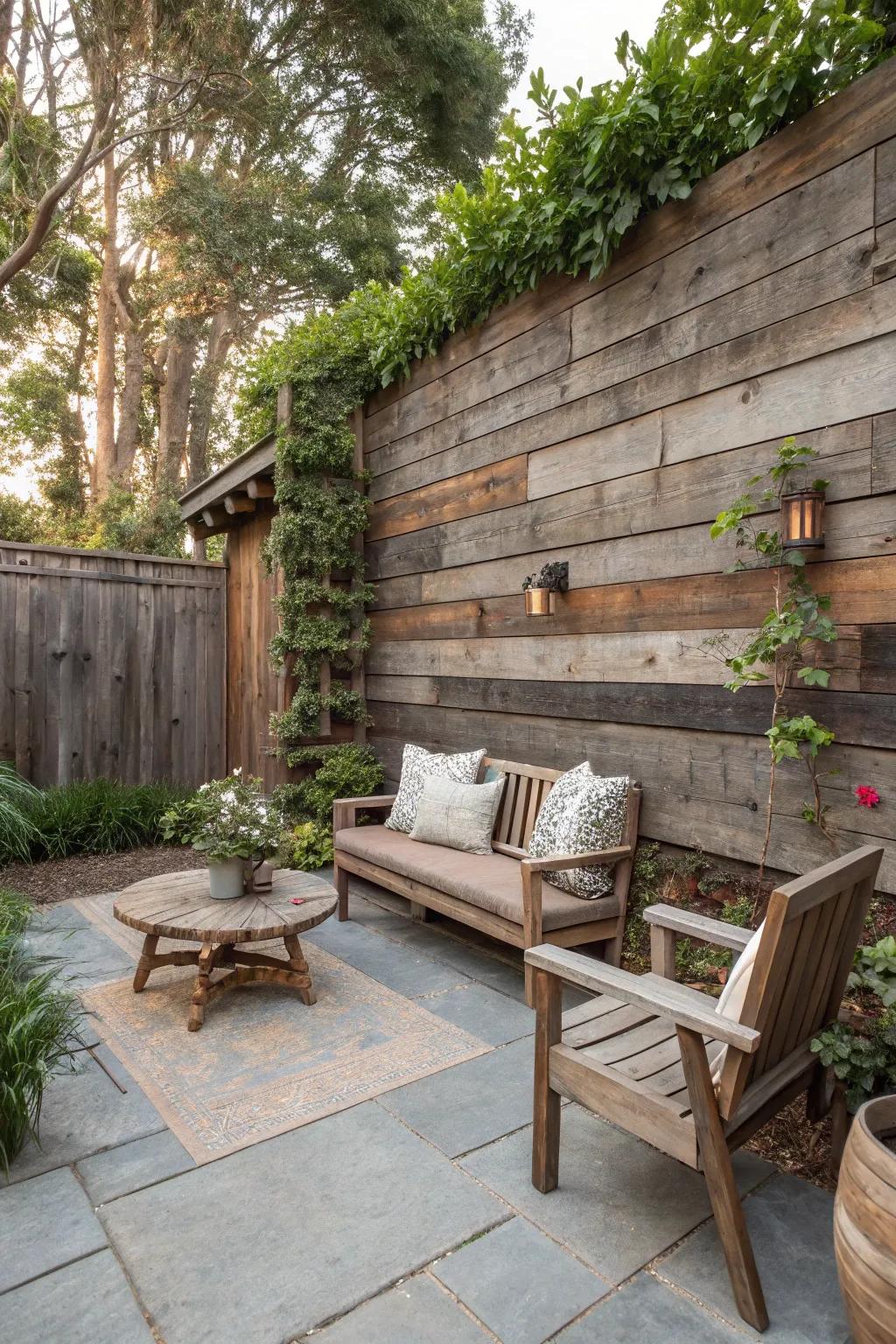 Reclaimed wood walls offer rustic charm and sustainable privacy.