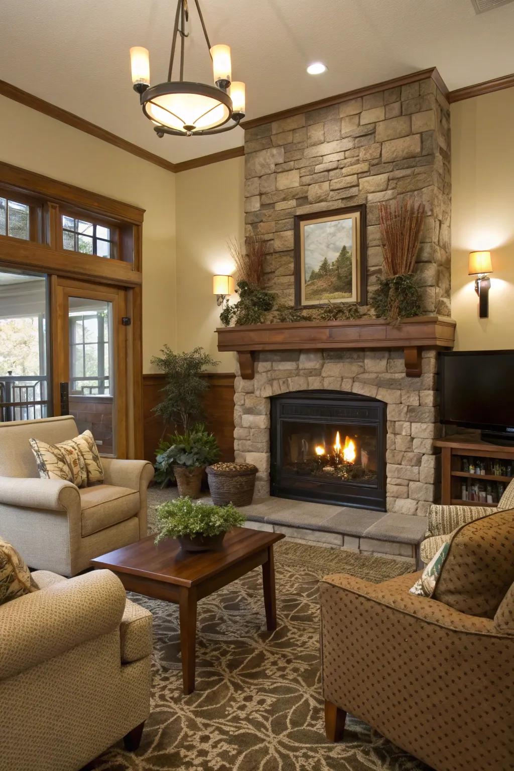 An appealing living area with a comfortable social nook surrounding a propane fireplace.