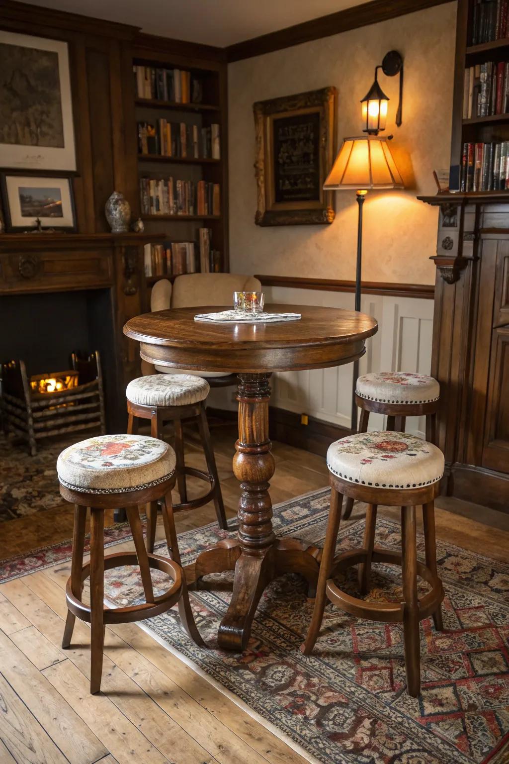 Ageless style with traditional wood pub tables.