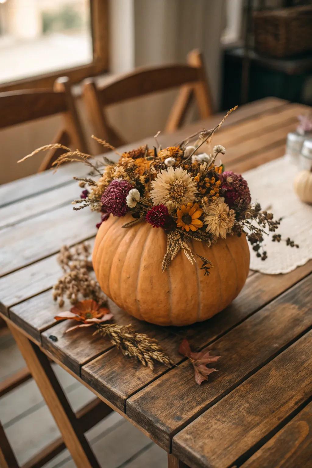 Dried flowers provide classic elegance to your pumpkin decorations.