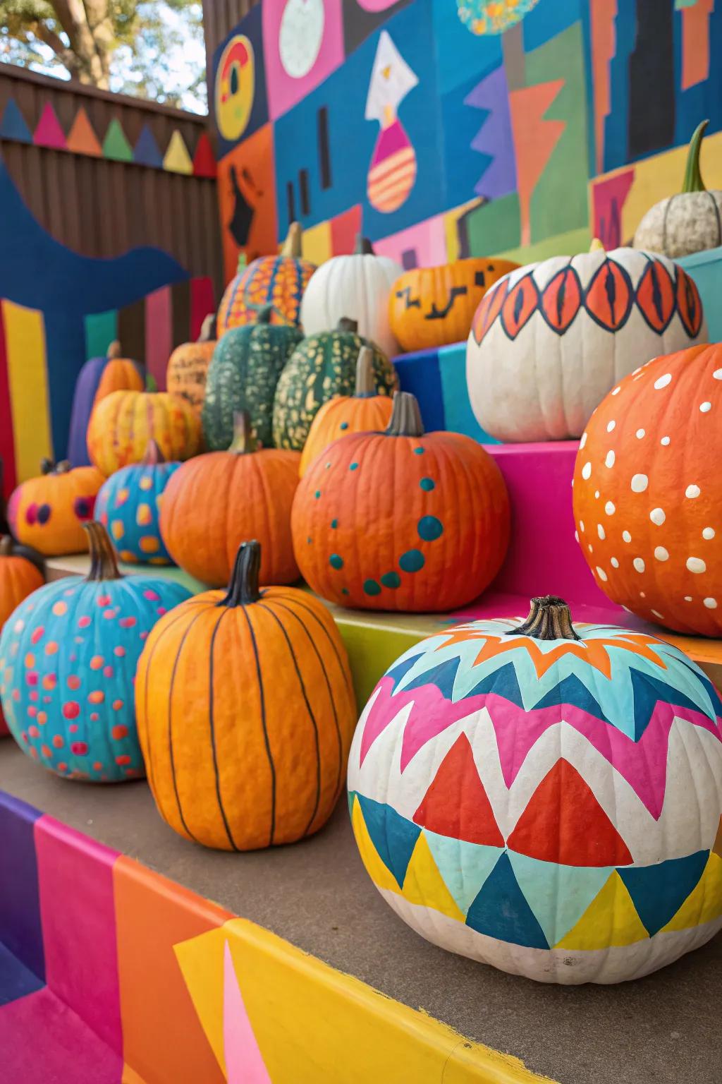 Unleash ingenuity with vibrant non-representational pumpkin artwork.