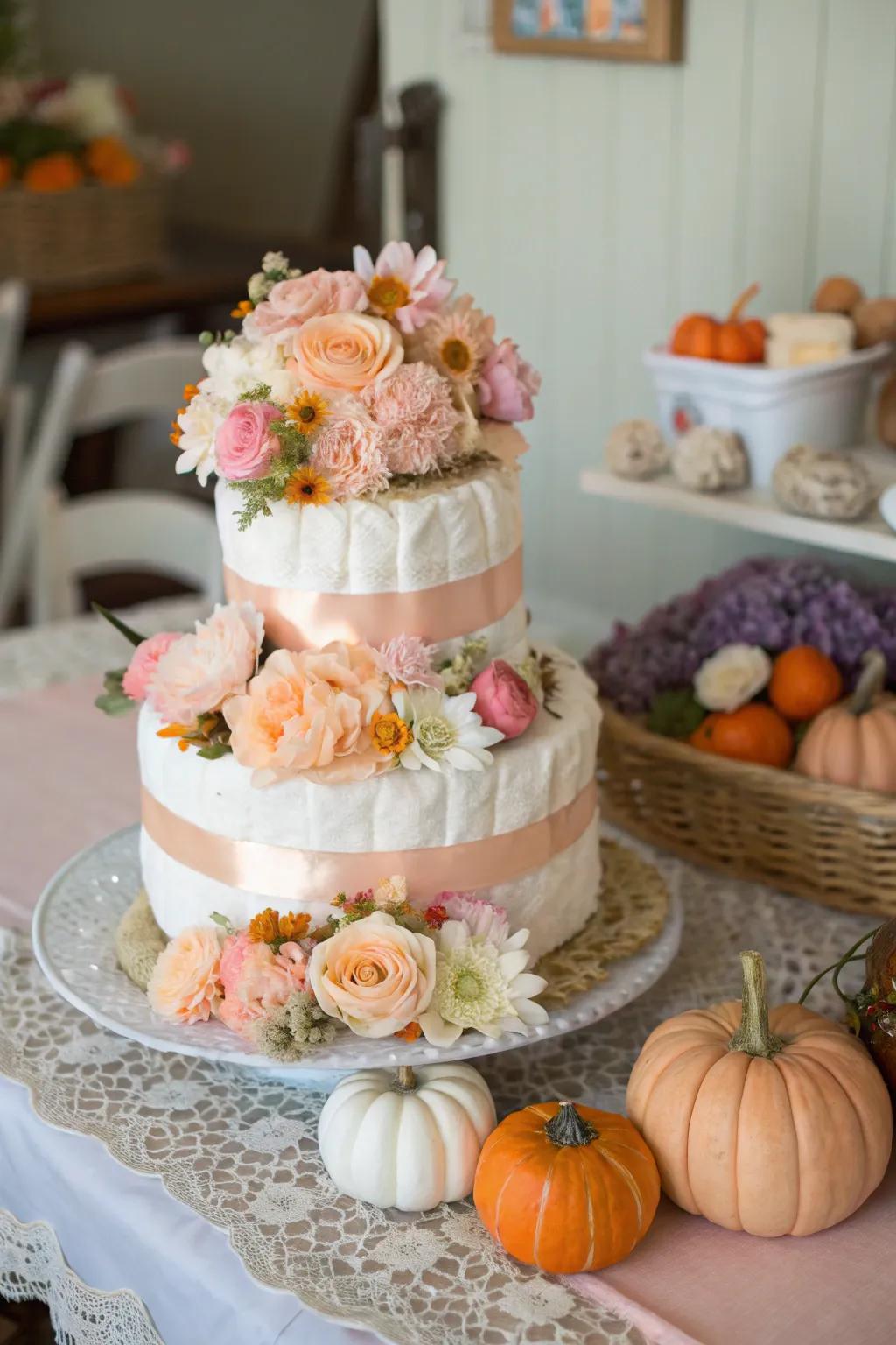 Botanical pumpkin diaper cakes provide a gentler, more elegant touch to the theme.