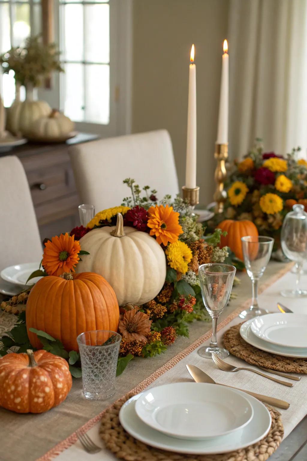 A cozy tabletop centerpiece featuring pumpkins and flowers.