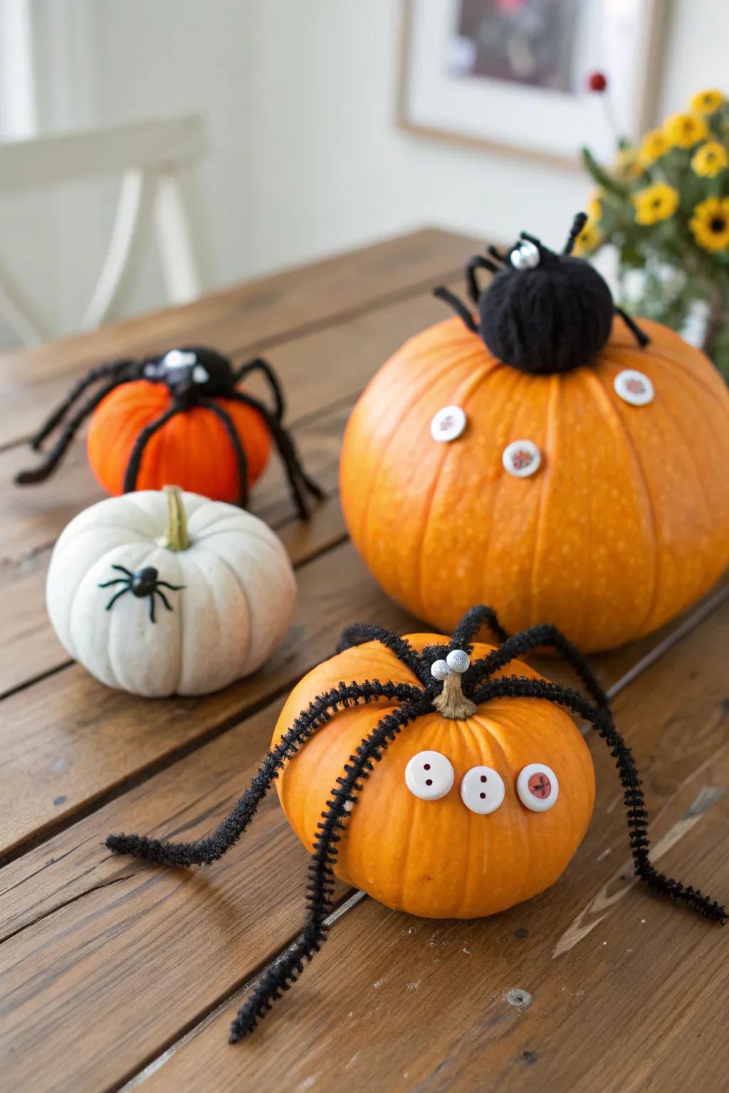 Button spider pumpkins incorporate a fun Halloween turn to your decor.